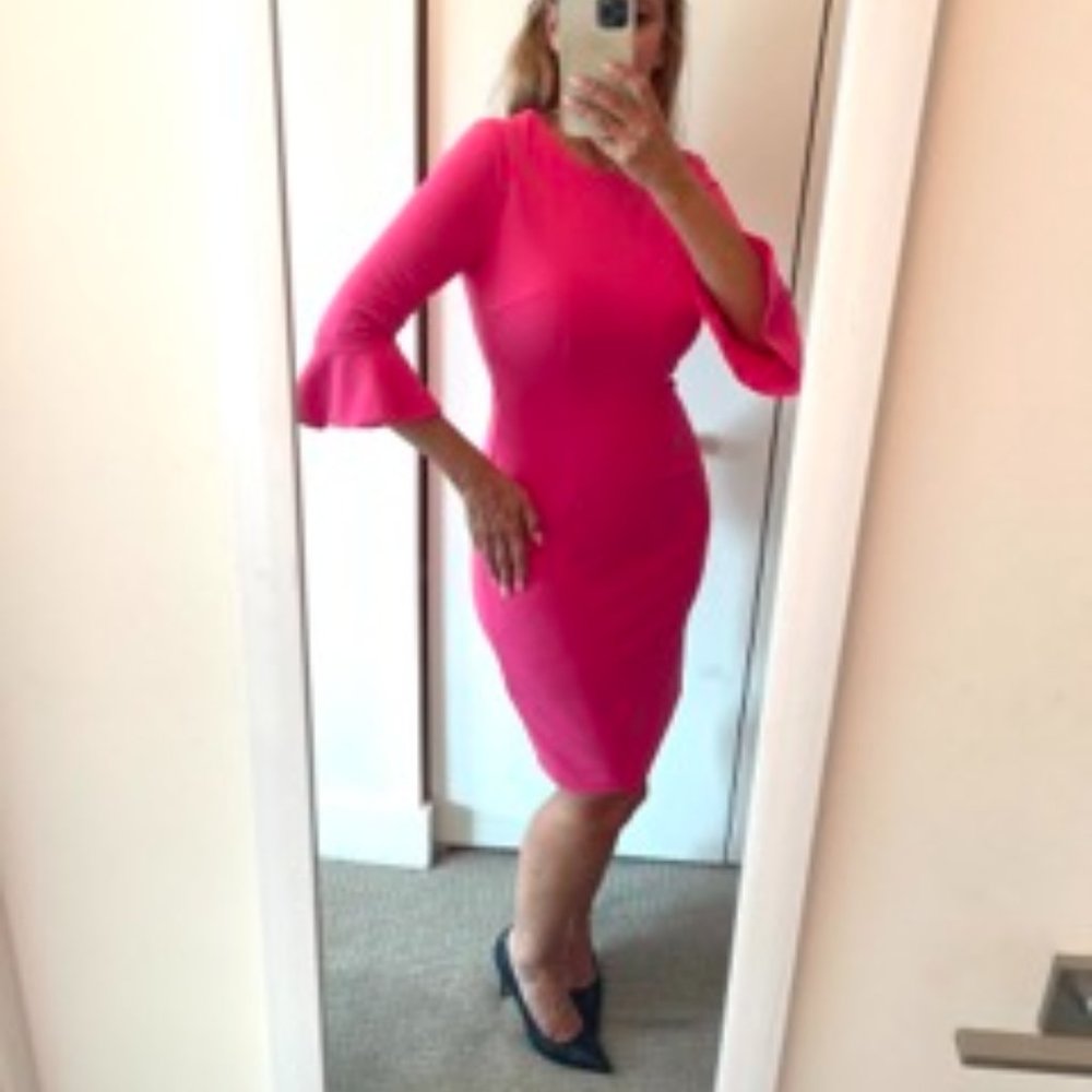 DONNA MORGAN FOR MAGGY Ruffle Crepe Sheath Dress IN STRAWBERRY COLOR